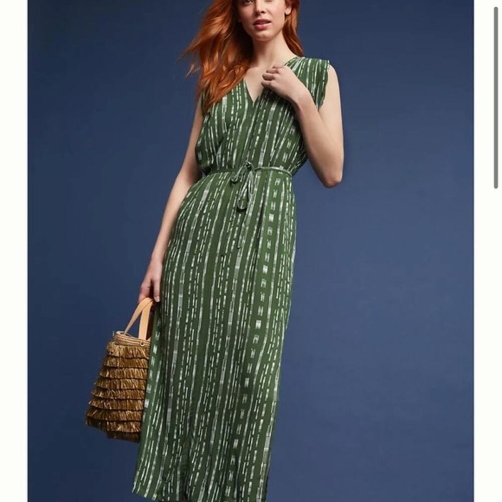 Anthropologie Porridge Vanya Maxi Dress L Green White Striped Boho Side Slit